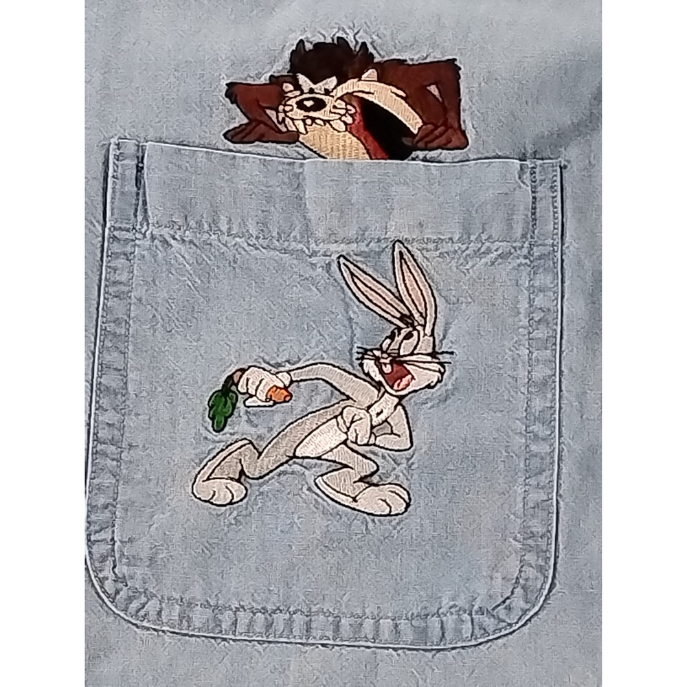 Warner Bros Looney Tunes Denim Shirt XS Bugs Taz Embroidered 90s Streetwear Y2K - Picture 5 of 7